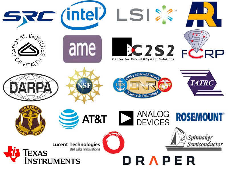 A list of sponsors for Professor Harjani's Research: SRC, Intel, LSI, ARL, NIH, AME, Center for Circuit & System Solutions, FCRP, DARPA, NSF, ONR, TATRC, U.S. Army Medical Research and Materiel Command, AT&T, Analog Devices, Rosemount, Texas Instruments, Lucent Technologies (Bell Labs), Spinnaker Semiconductor, Draper